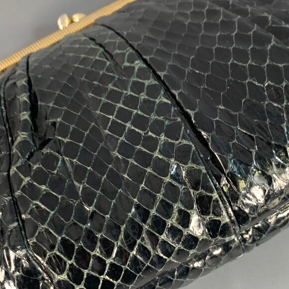 Vintage Black Gold Tone Snakeskin Leather Kiss Lock Evening Handbag - Picture 10 of 10
